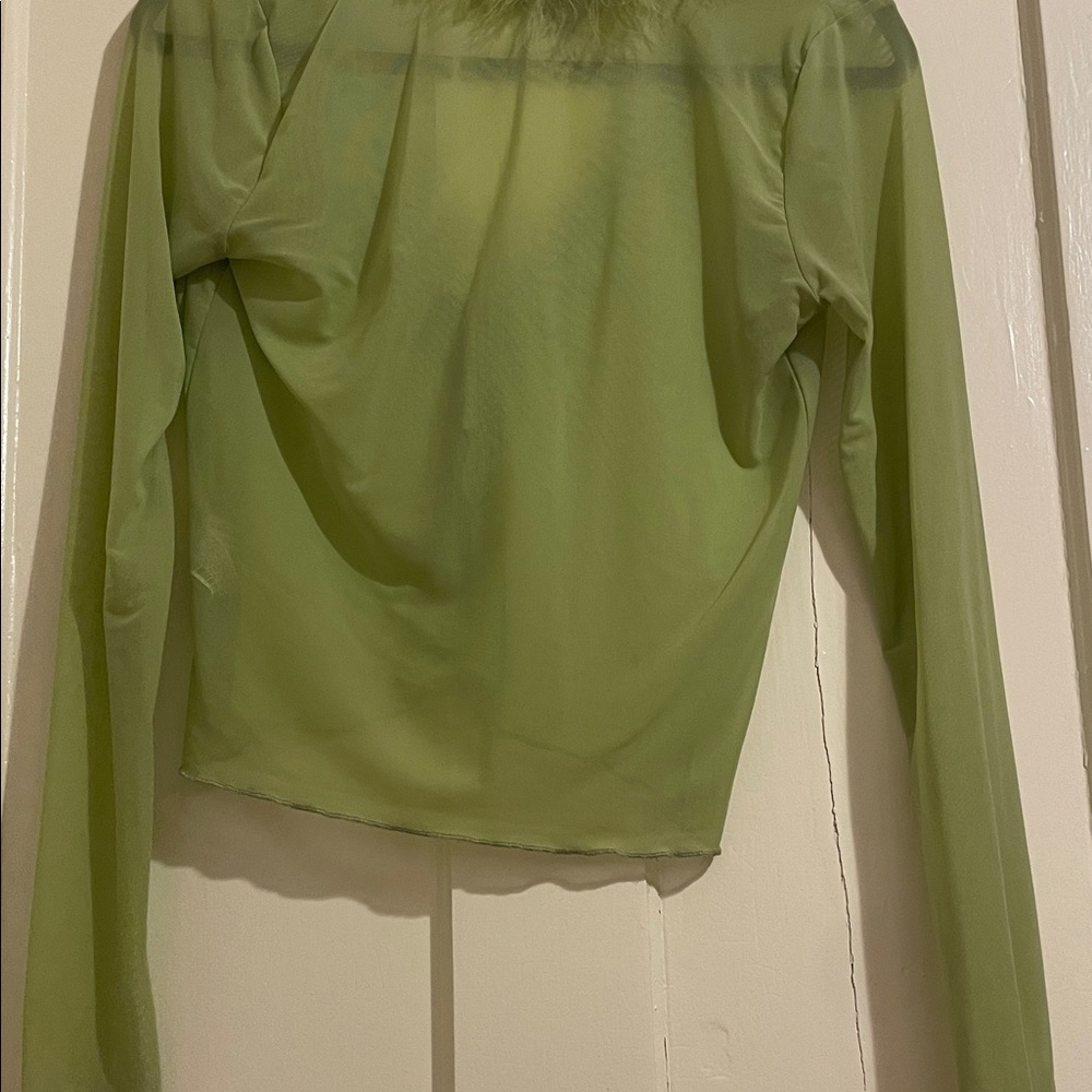 Lime Green Mesh Feather Trim Blouse - Picture 6 of 6